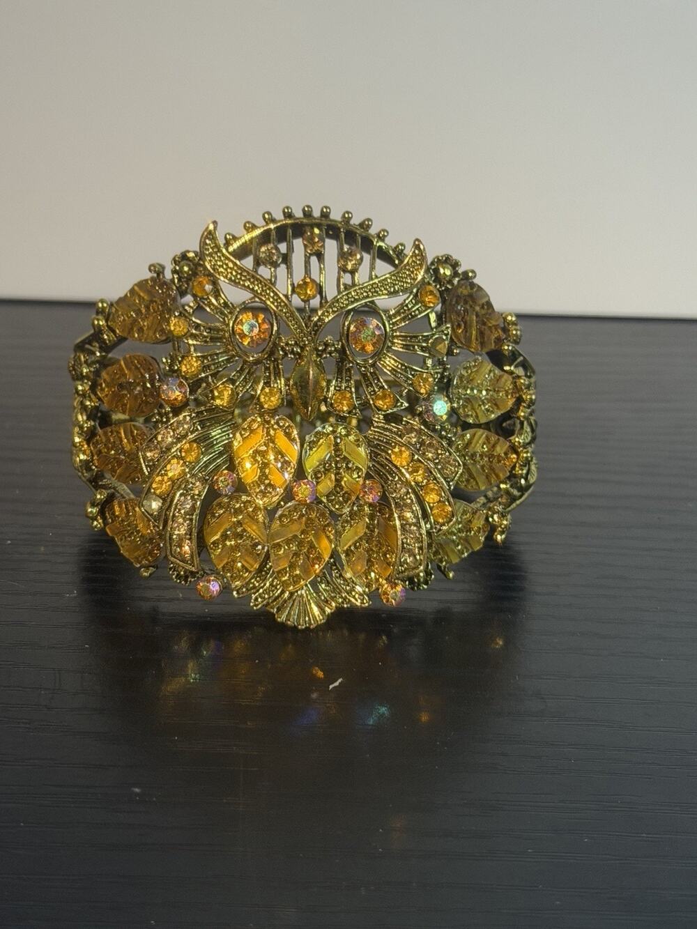 Vintage Gold Tone Owl Rhinestone Hinged Baffle Cuff Bracelet Amber Topaz Crystal